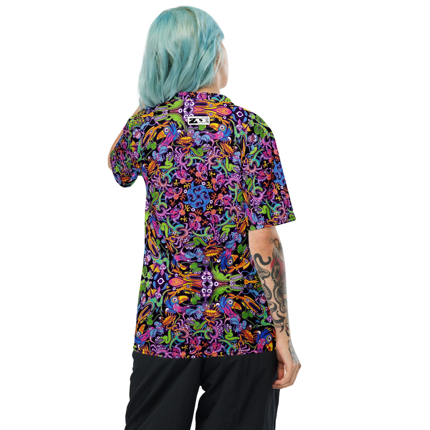 Eccentric critters in a lively crazy festival Recycled unisex sports jersey. Overview