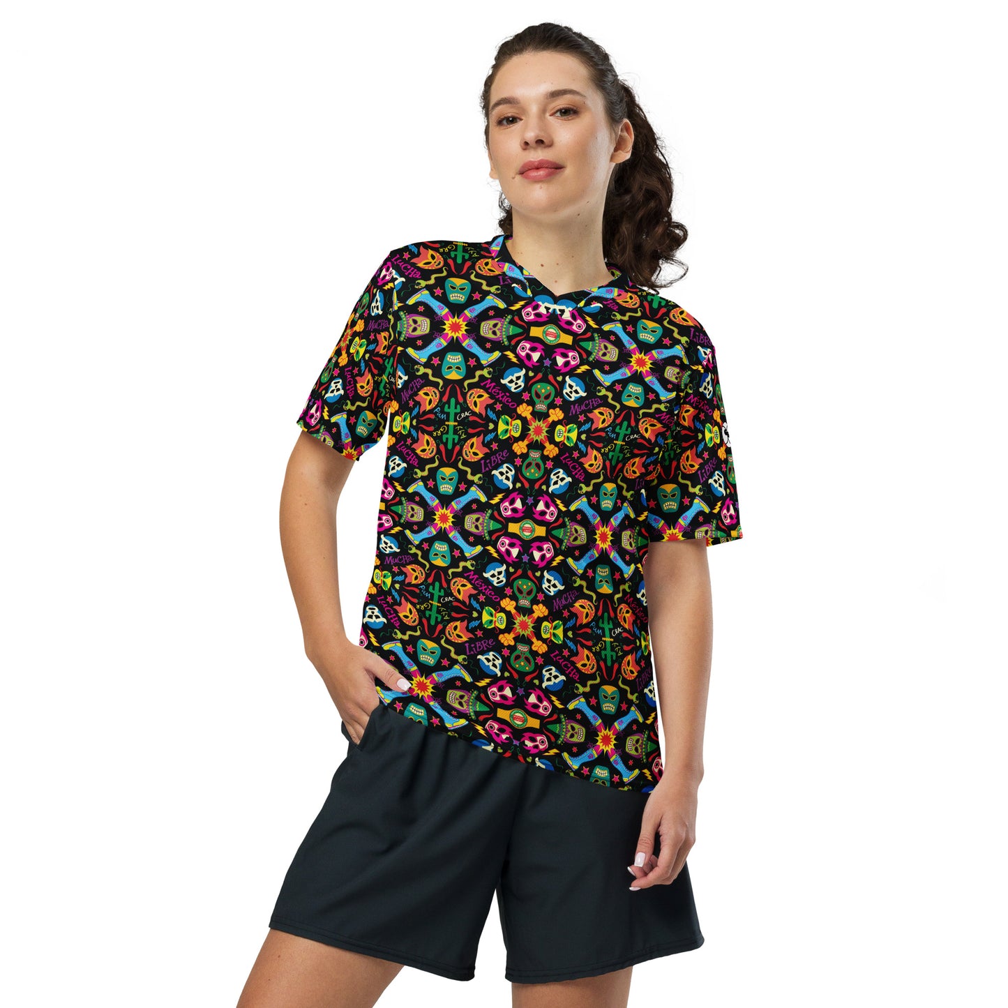 Mexican wrestling colorful party Recycled unisex sports jersey. Woman wearing Zoo&co’s T-Shirt