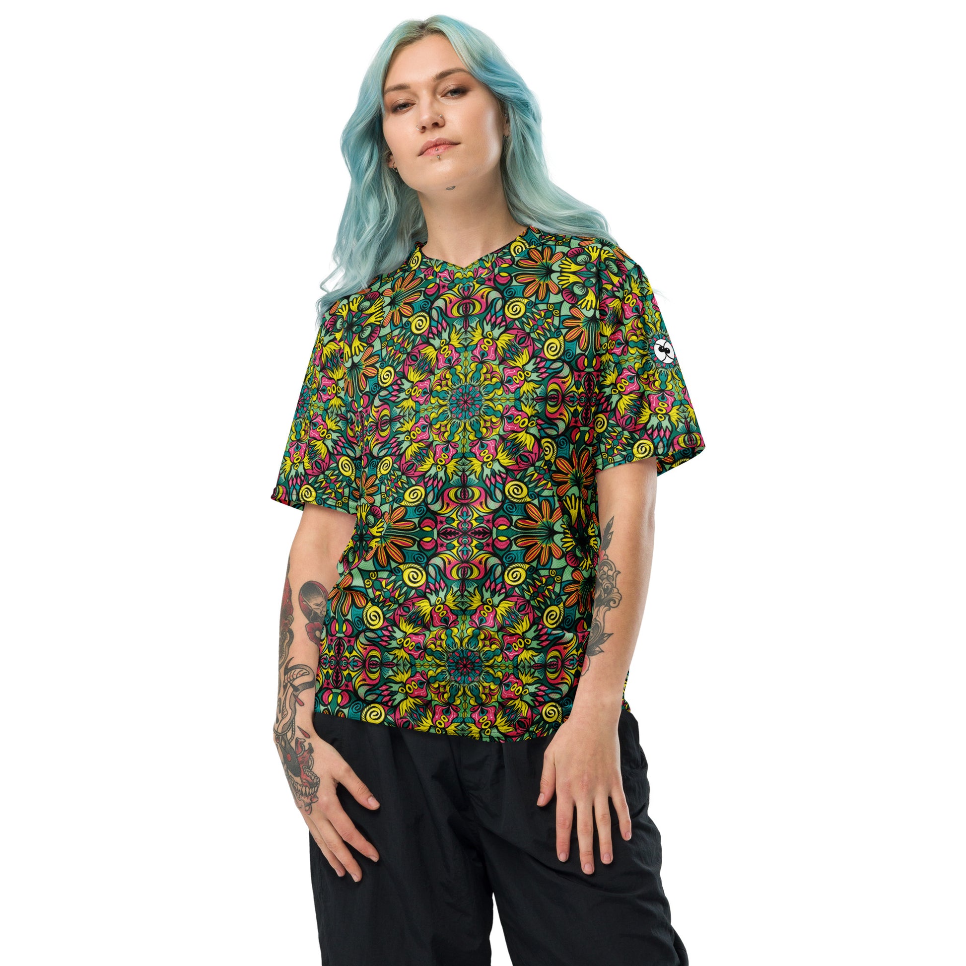 Exploring Jungle Oddities: Inspiration from the Fascinating Wildflowers of the Tropics. Recycled unisex sports jersey. front size