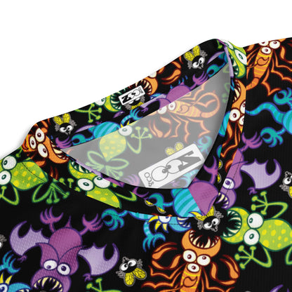 Bat, scorpion, lizard and frog fighting over an unlucky fly Recycled unisex sports jersey. Product detail. Front view