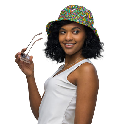 The vast ocean is full of doodle critters Reversible bucket hat. Lifestyle