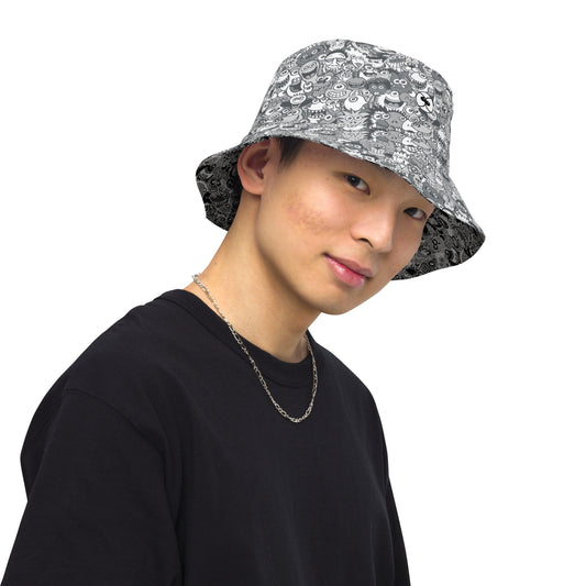 Find the gray man in the gray crowd of this gray world Reversible bucket hat. Overview