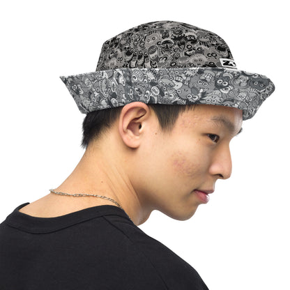 Find the gray man in the gray crowd of this gray world Reversible bucket hat. Inside view