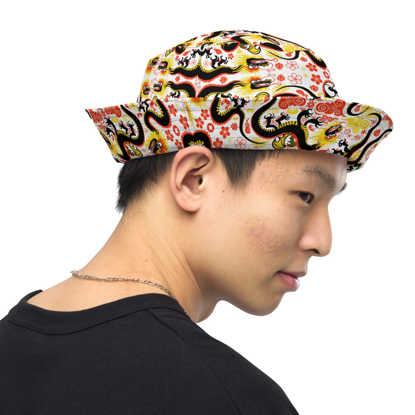 Legendary chinese dragons pattern art Reversible bucket hat. Side view