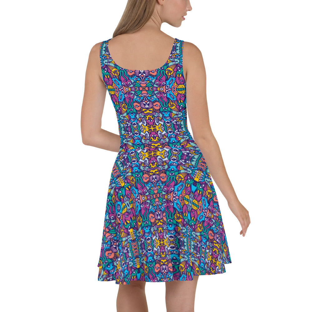 Whimsical design featuring multicolor critters from another world Skater Dress. Back view