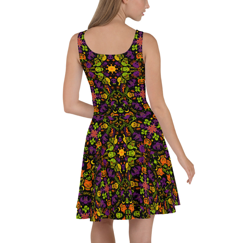 All Halloween stars in a creepy pattern design Skater Dress. Back view