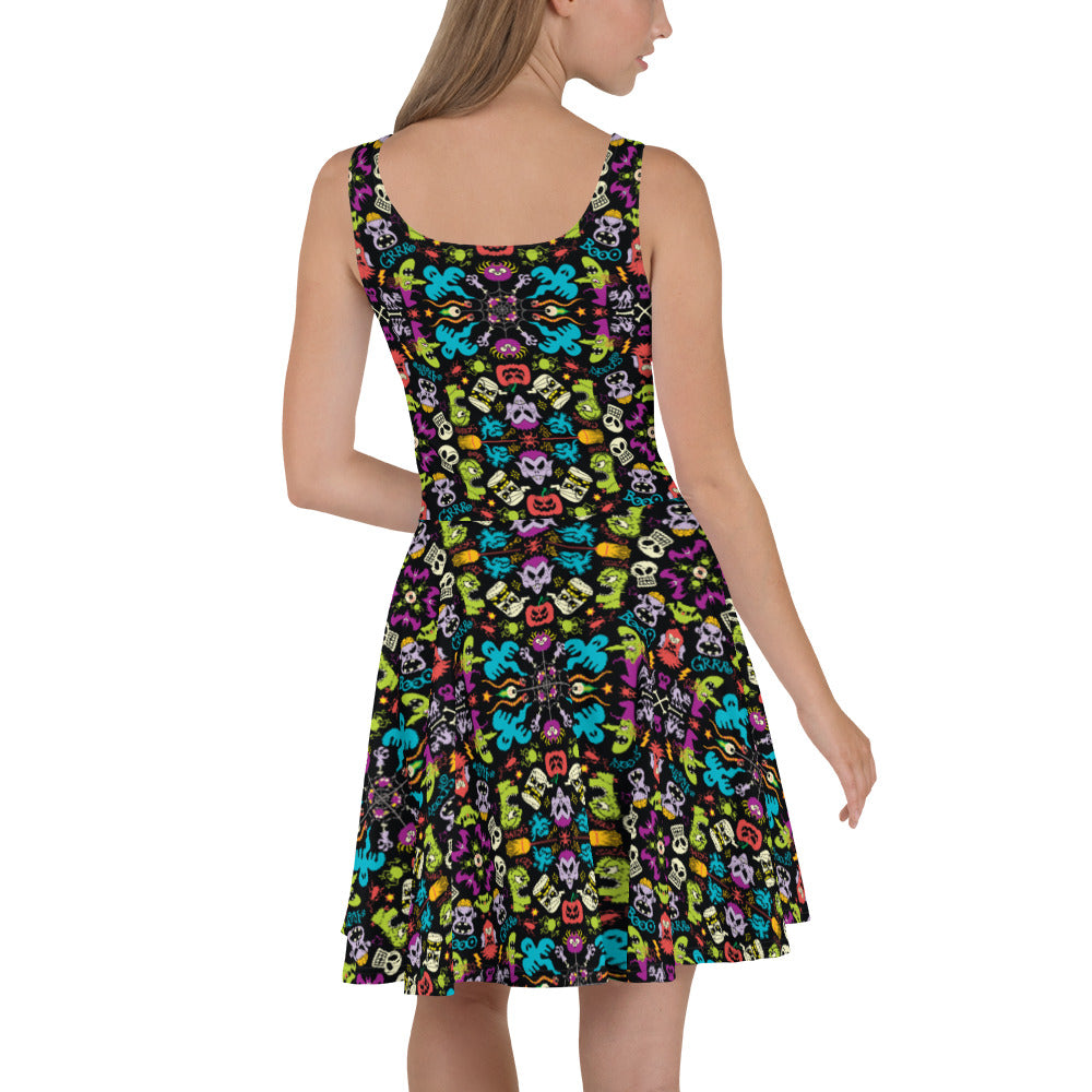Spooky Halloween characters in a pattern design Skater Dress. Back view
