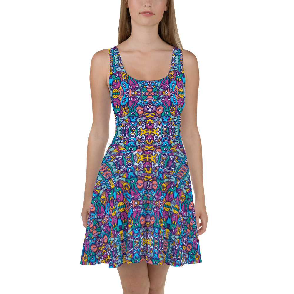 Whimsical design featuring multicolor critters from another world Skater Dress. Front view
