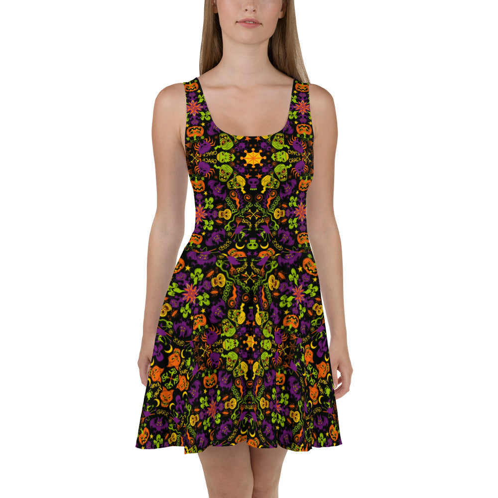 All Halloween stars in a creepy pattern design Skater Dress. Front view