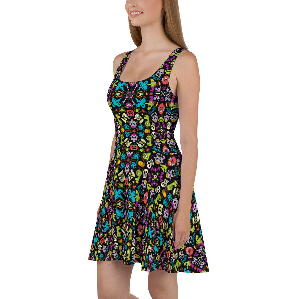 Spooky Halloween characters in a pattern design Skater Dress. Side view