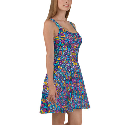 Whimsical design featuring multicolor critters from another world Skater Dress. Side view