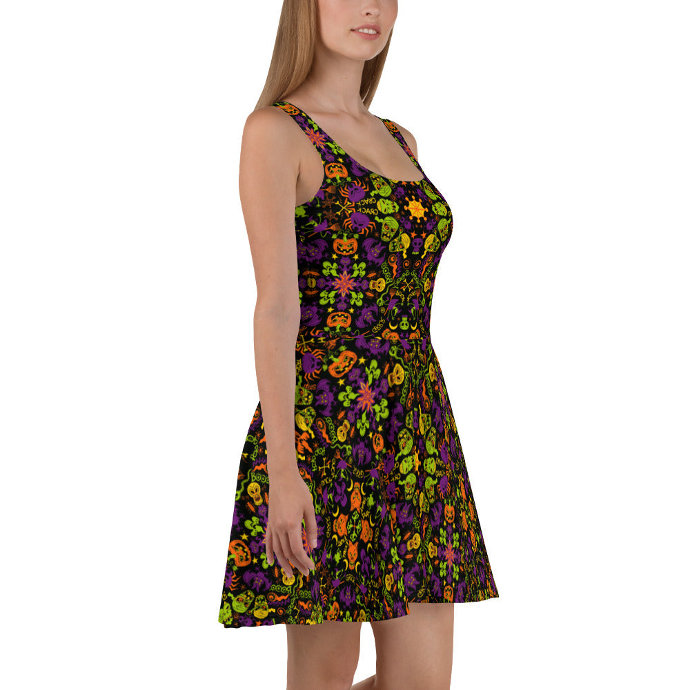 All Halloween stars in a creepy pattern design Skater Dress. Side view