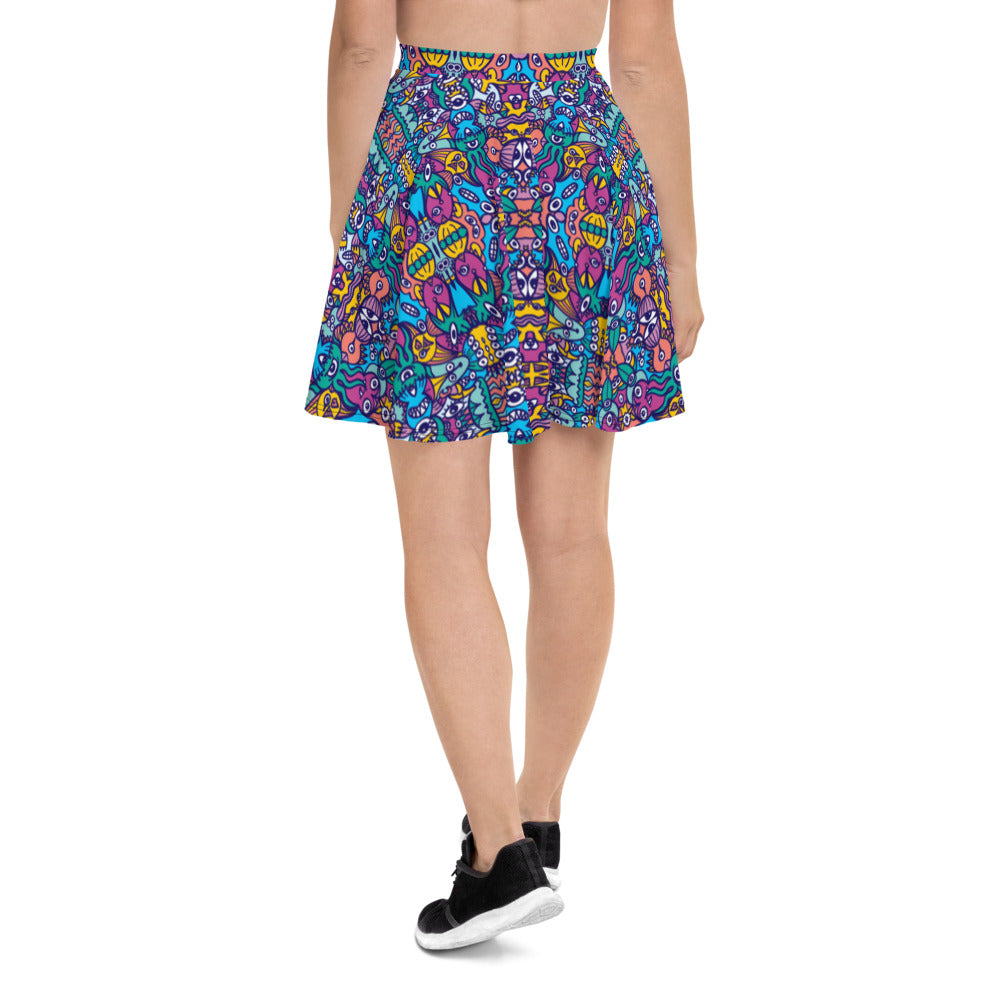 Whimsical design featuring multicolor critters from another world Skater Skirt. Back view