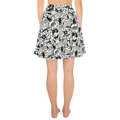 Black and white cool doodles art Skater Skirt. Back view