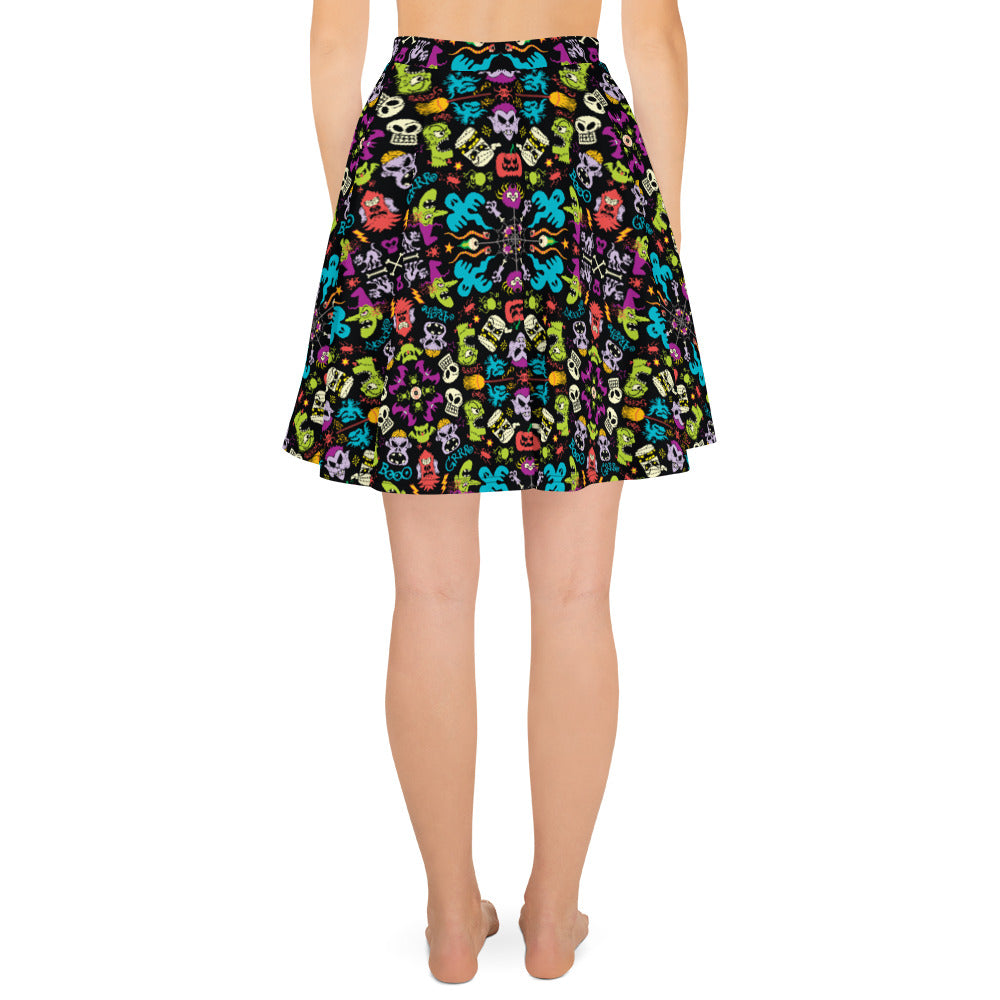 Spooky Halloween characters in a pattern design Skater Skirt. Back view
