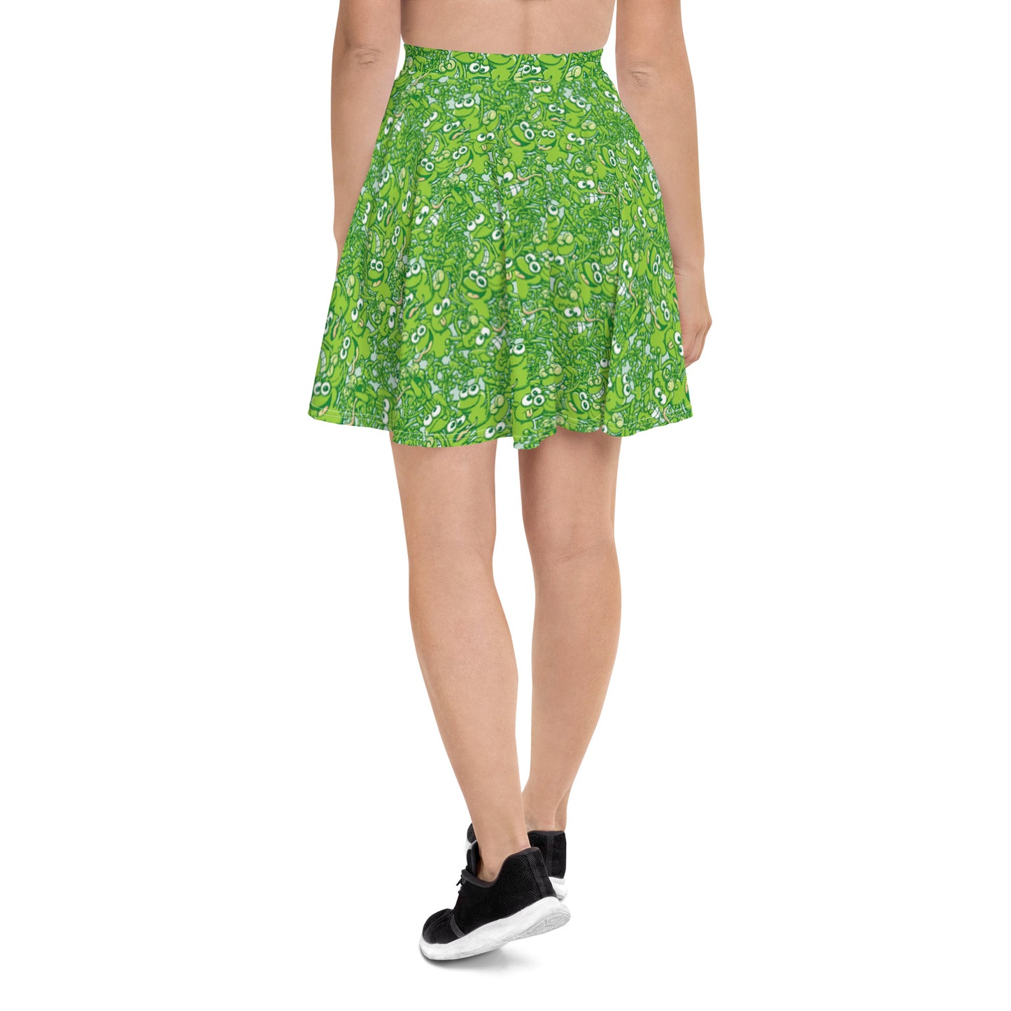 A tangled army of happy green frogs appears when the rain stops Skater Skirt. Back view