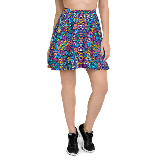 Whimsical design featuring multicolor critters from another world Skater Skirt. Front view