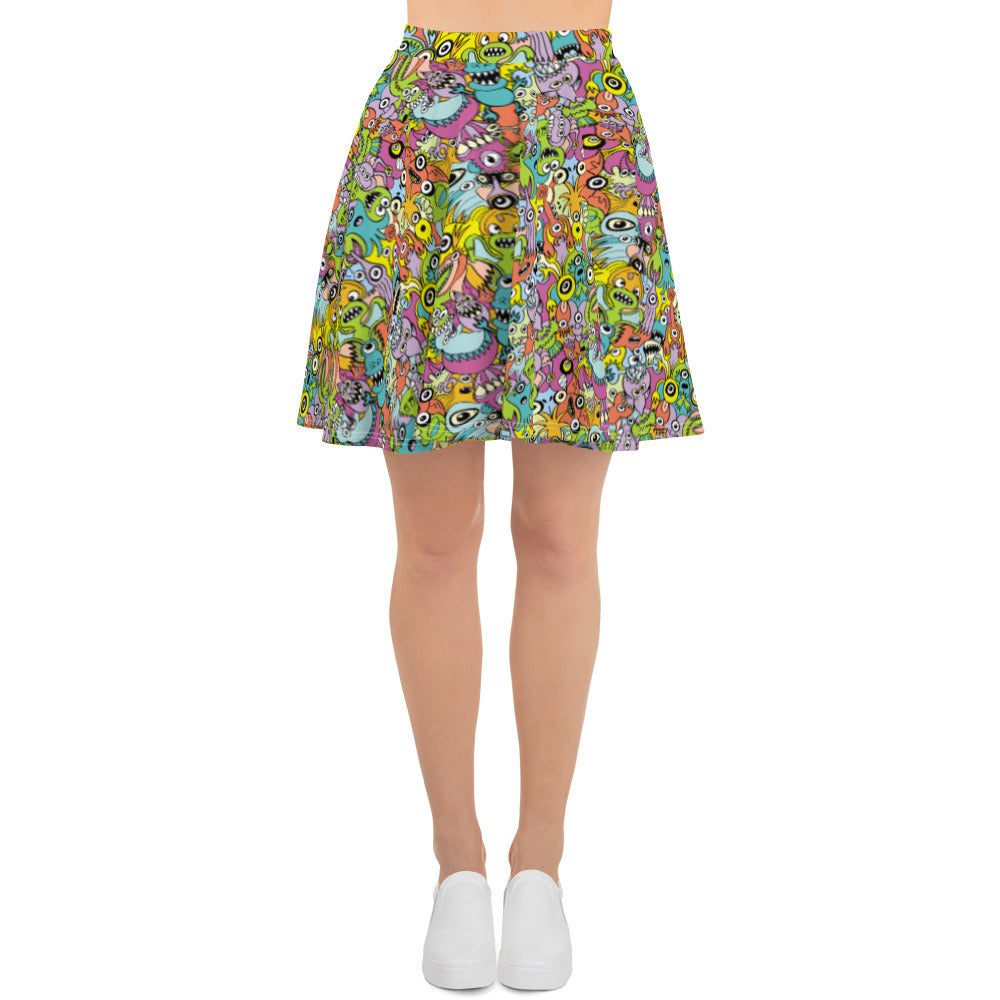 Funny monsters fighting for the best spot for a pattern design Skater Skirt. Front view