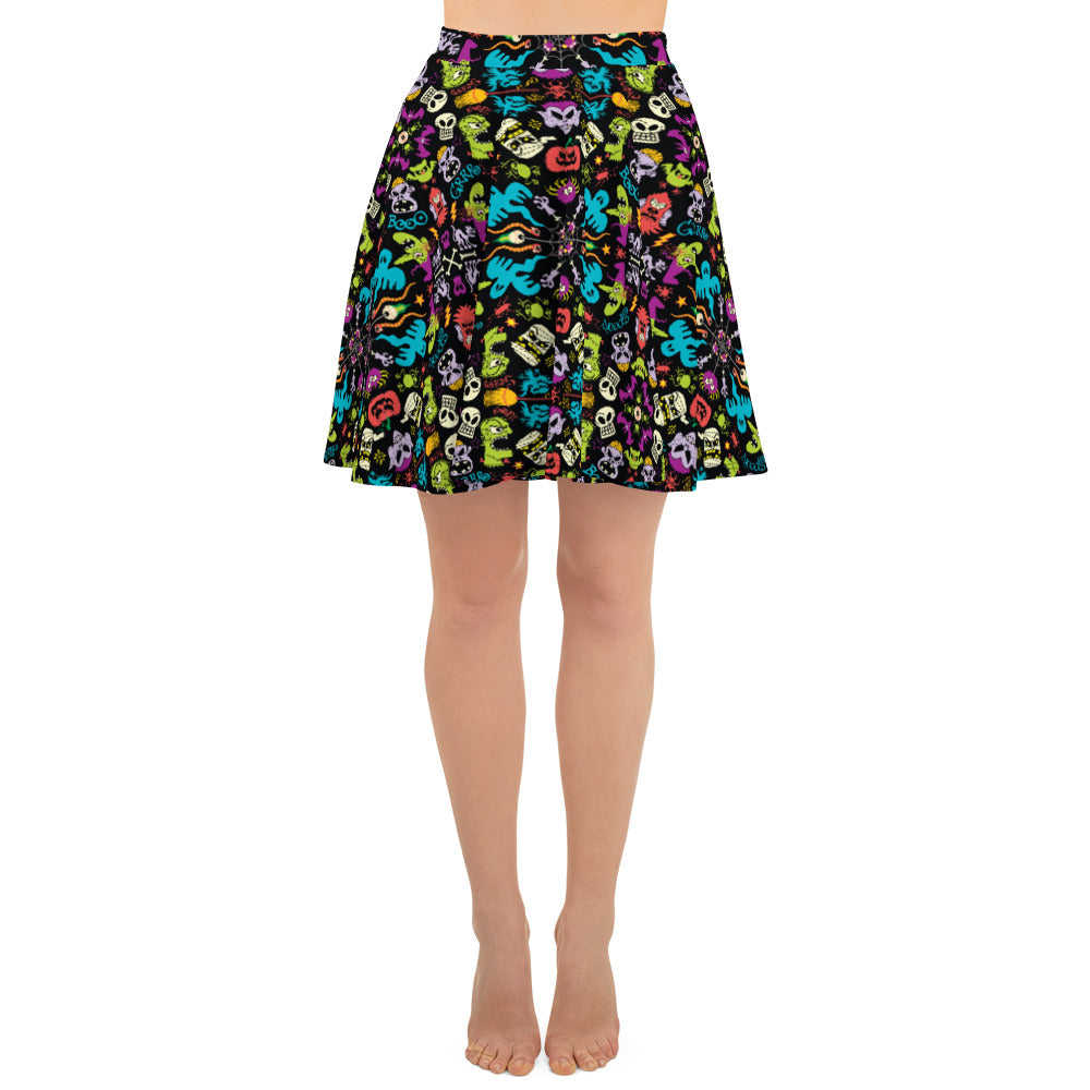 Spooky Halloween characters in a pattern design Skater Skirt. Front view