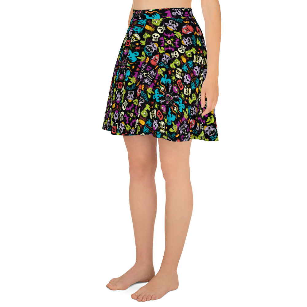 Spooky Halloween characters in a pattern design Skater Skirt. Side view