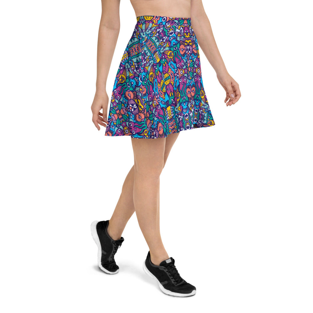 Whimsical design featuring multicolor critters from another world Skater Skirt. Side view