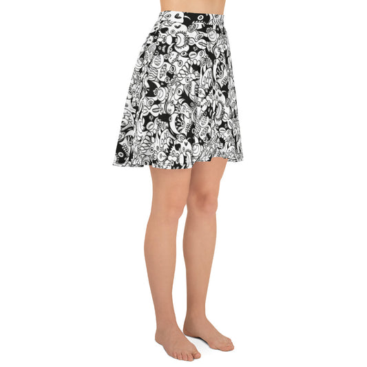 Black and white cool doodles art Skater Skirt. Side view