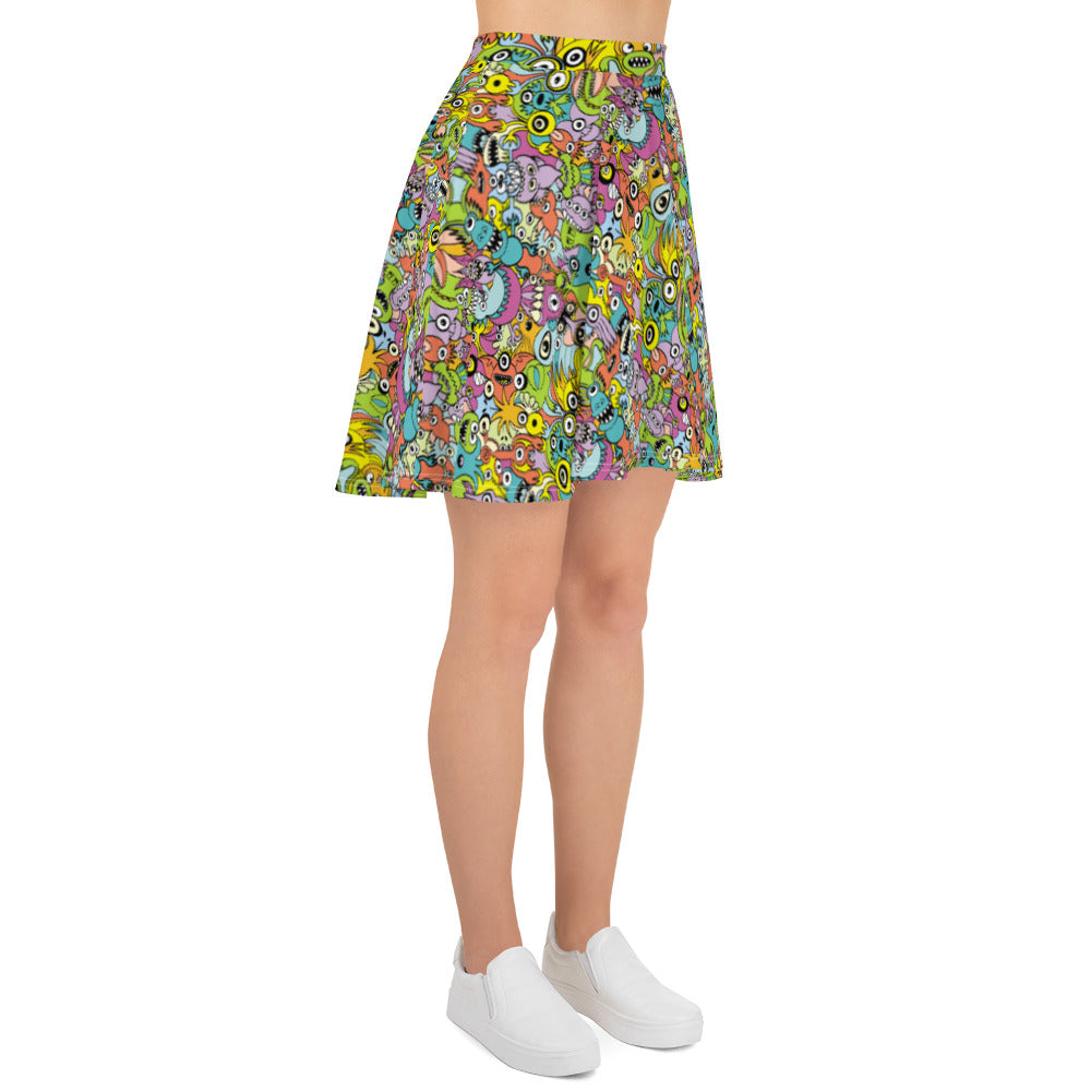 Funny monsters fighting for the best spot for a pattern design Skater Skirt. Side view