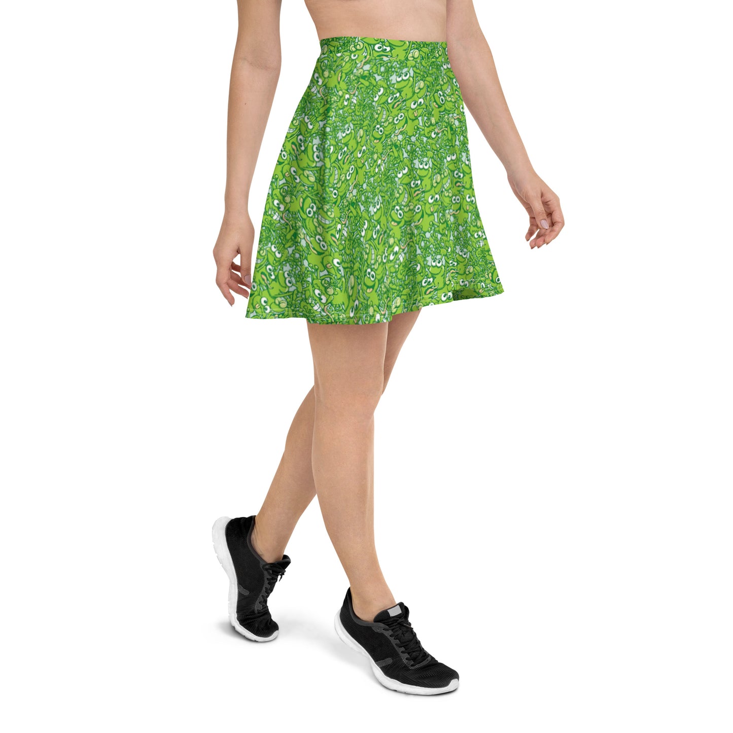 A tangled army of happy green frogs appears when the rain stops Skater Skirt. Side view
