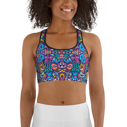 Whimsical design featuring colorful critters from another world Sports bra. Front view