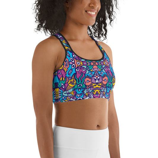 Whimsical design featuring colorful critters from another world Sports bra. Side view