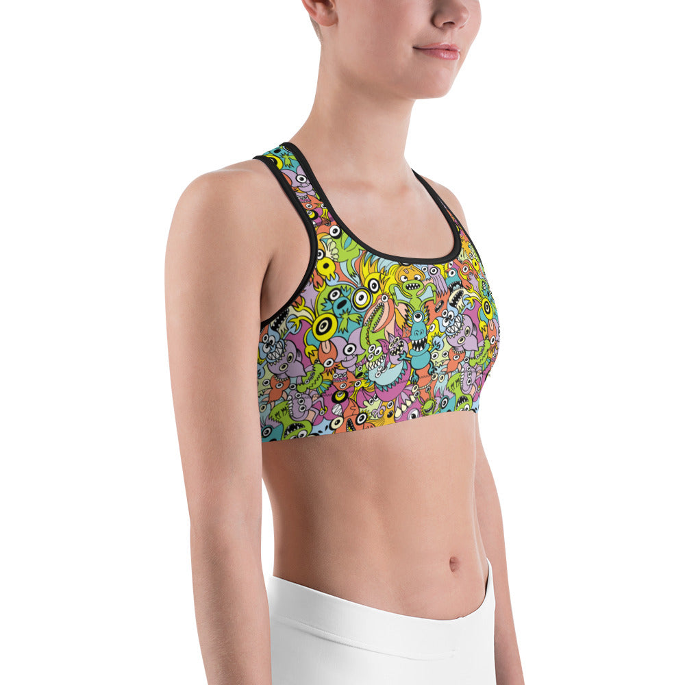 Funny monsters fighting for the best spot for a pattern design Sports bra. Side view