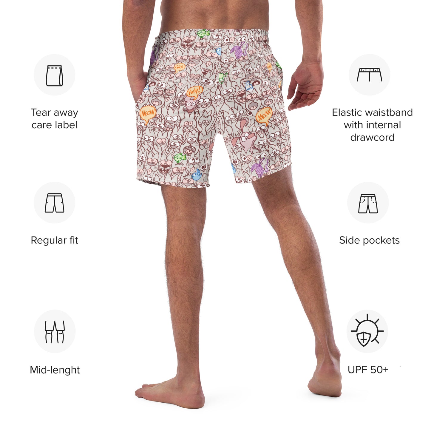Exclusive design only for real cat lovers Men's swim trunks. Back view. Specifications