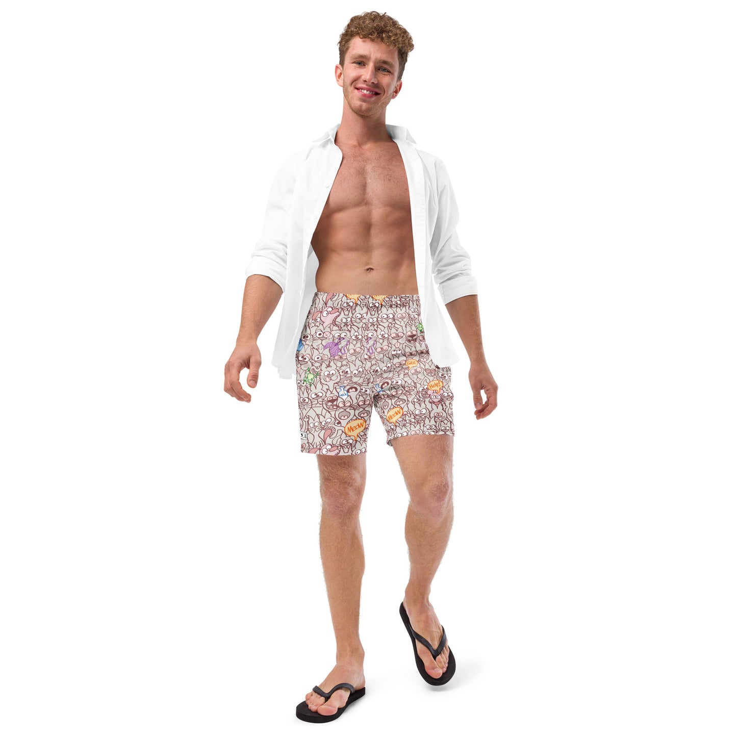 Young man wearing Men's swim trunks All-over printed with Exclusive design only for real cat lovers