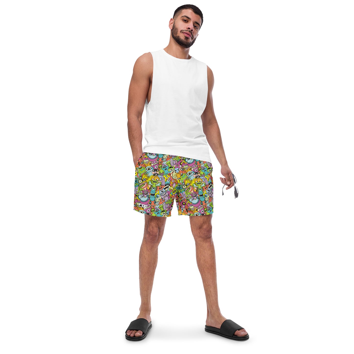 Funny monsters fighting for the best spot for a pattern design Men's swim trunks. Lifestyle