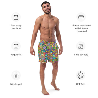 Cheerful crowd enjoying a lively carnival Men's swim trunks. Specifications