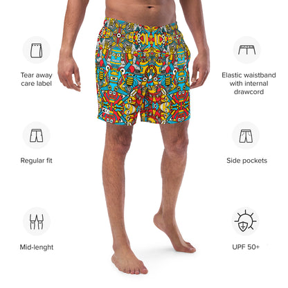 Crazy robots rising from dust in lively backyards Men's swim trunks. Product specifications