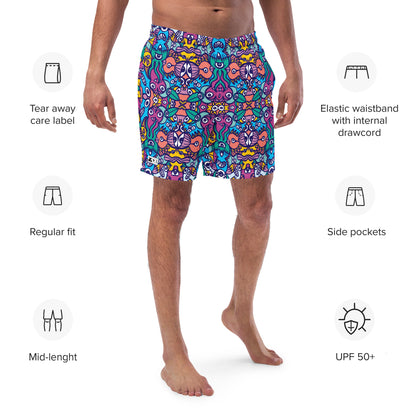 Whimsical design featuring multicolor critters from another world Men's swim trunks. Product specifications