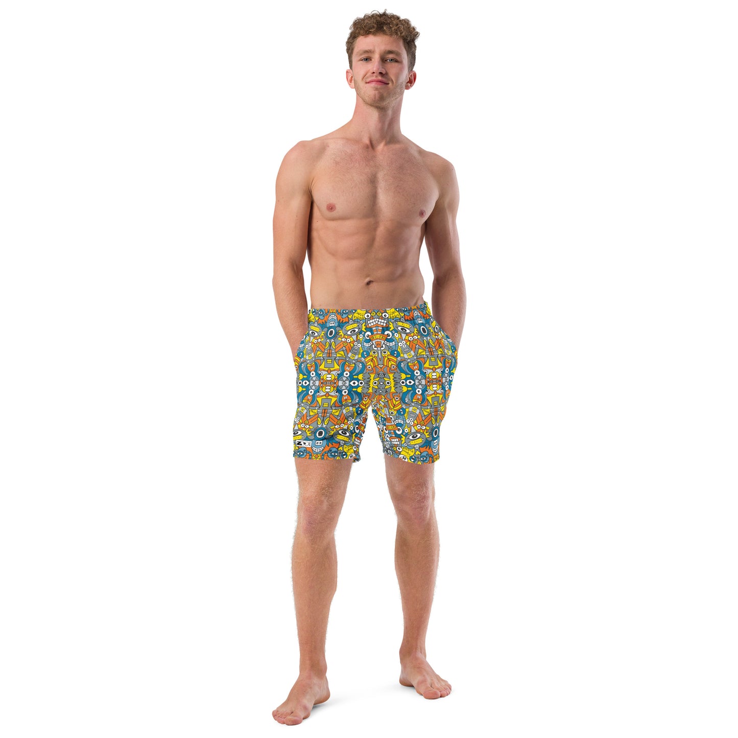 Young man wearing Men's swim trunks All-over printed with Retro robots doodle art