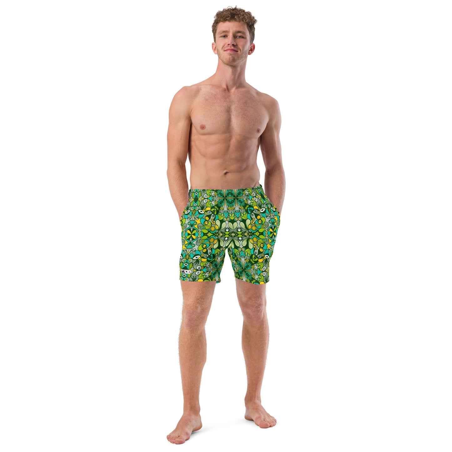Join the funniest alien doodling network in the universe Men's swim trunks. Young man wearing Zoo&co's Swim trunks