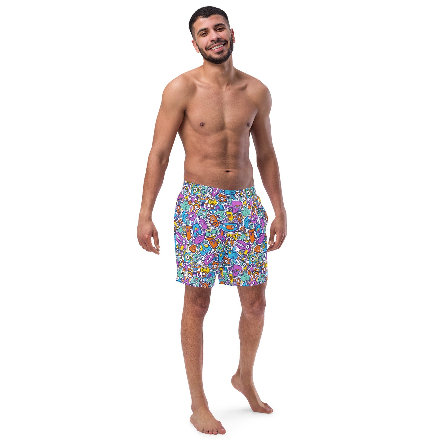 Funny multicolor doodle world Men's swim trunks. Smiling man wearing Zoo&co's Swim Trunks