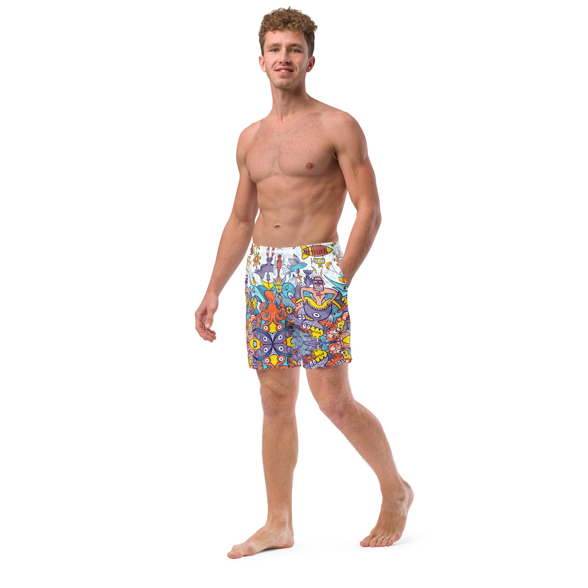 Smiling man wearing Men's swim trunks All-over printed with Ready for adventure this summer?