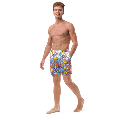 Smiling man wearing Men's swim trunks All-over printed with Ready for adventure this summer?