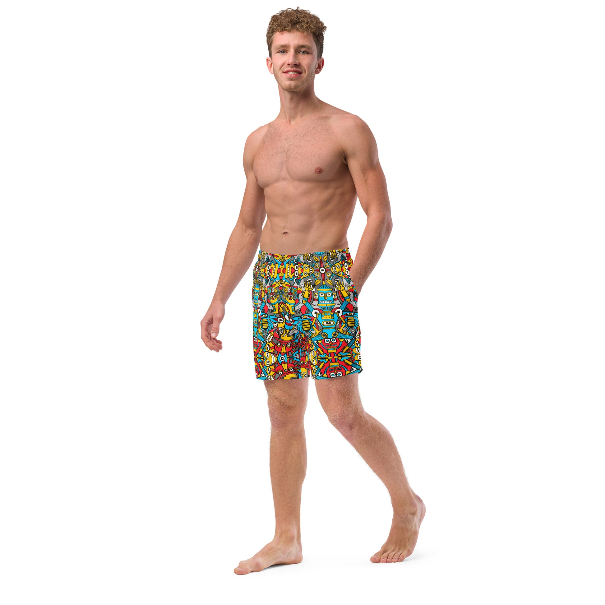 Young man wearing Men's swim trunks all-over printed with Crazy robots rising from dust in lively backyards