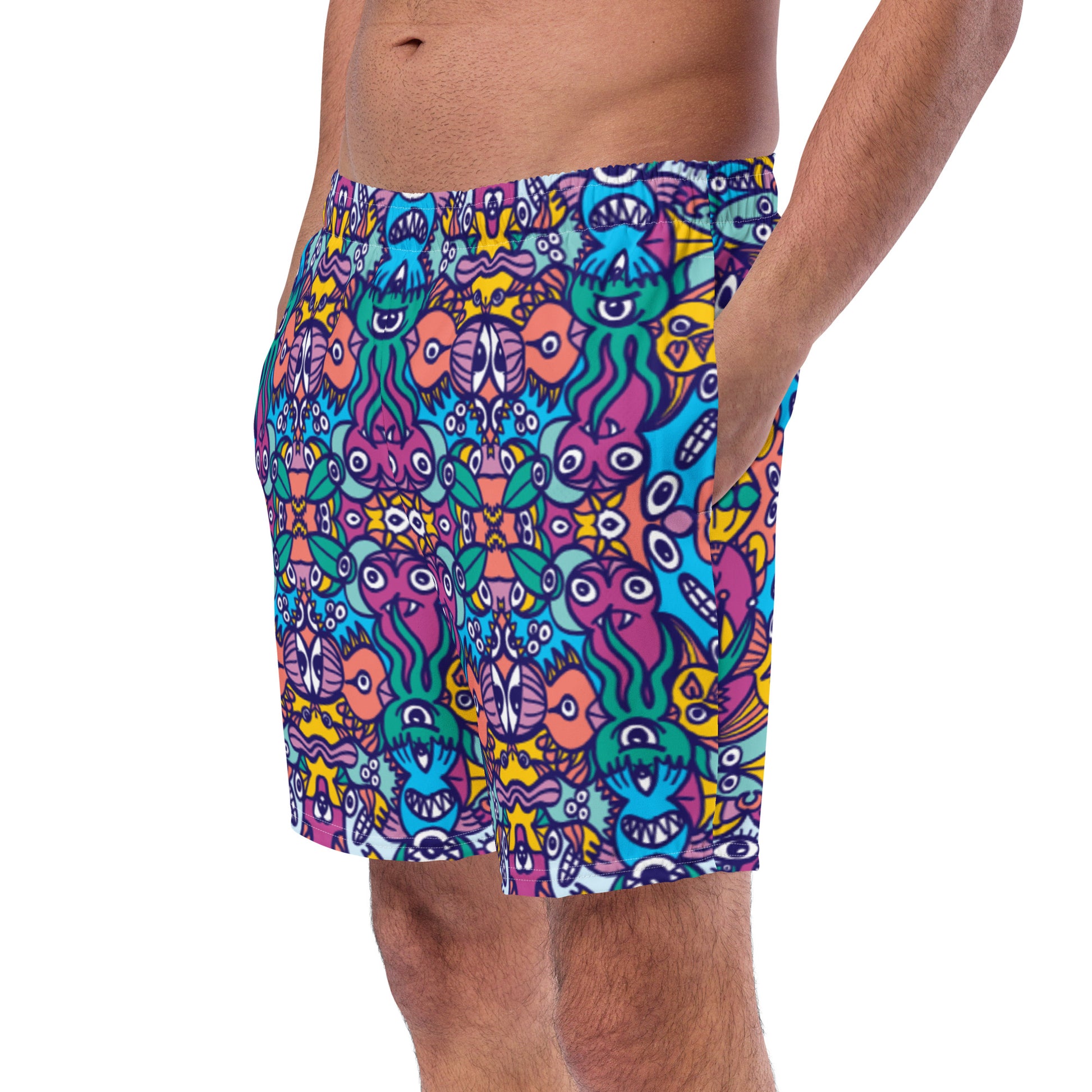 Whimsical design featuring multicolor critters from another world Men's swim trunks. Overview