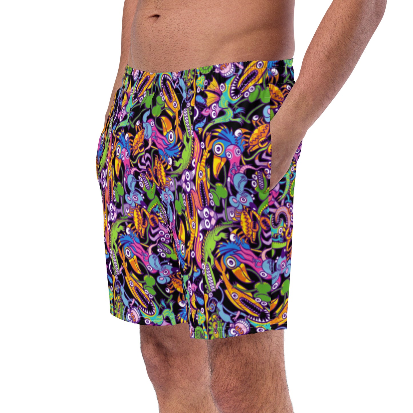 Eccentric critters in a lively crazy festival Men's swim trunks. Side view