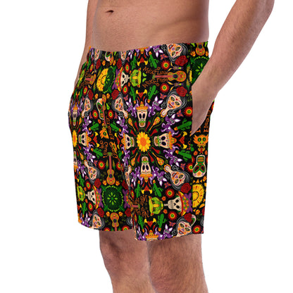 Mexican skulls celebrating the Day of the dead Men's swim trunks. Side view