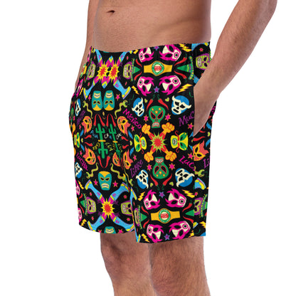 Mexican wrestling colorful party Men's swim trunks. Left front view