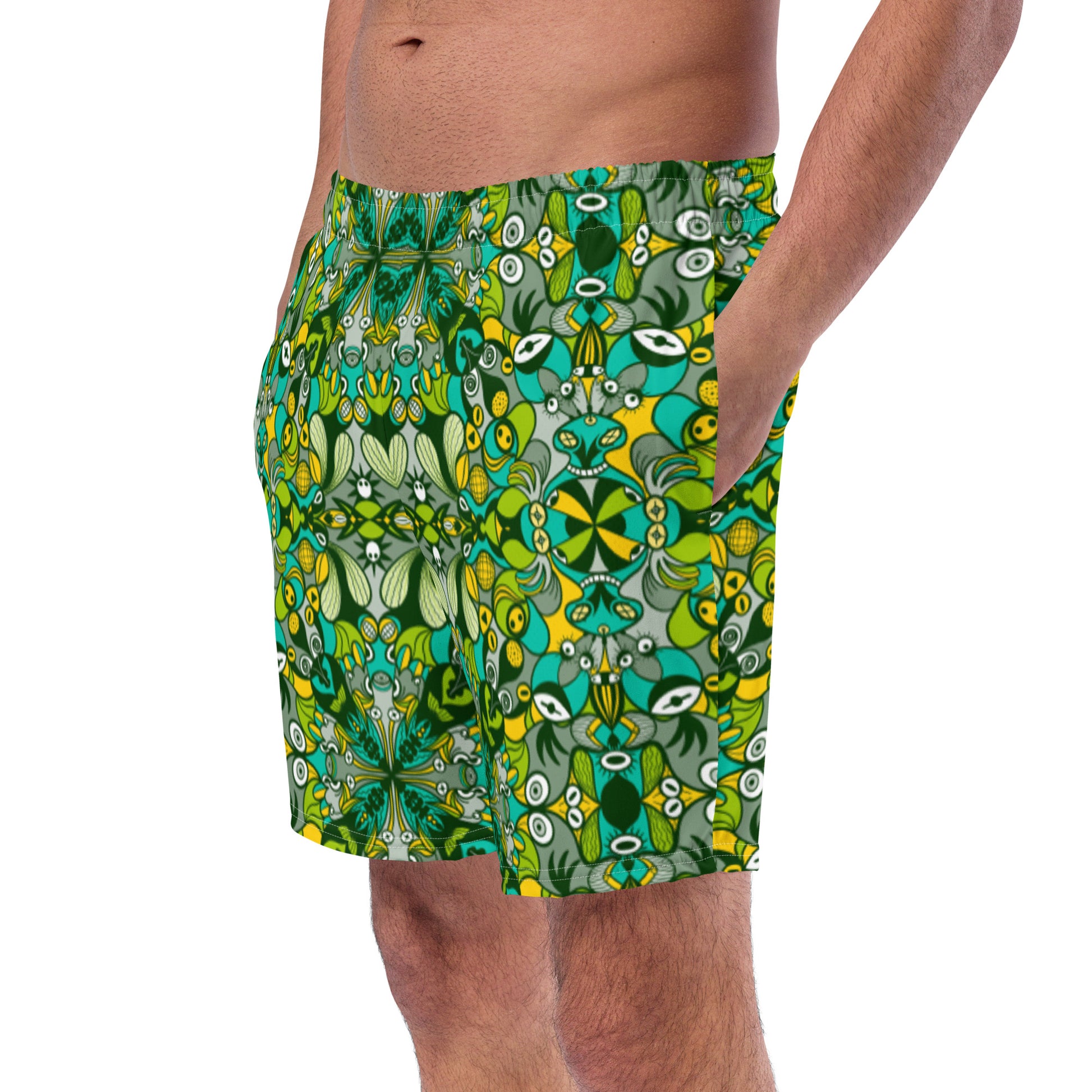 Join the funniest alien doodling network in the universe Men's swim trunks. Left front view
