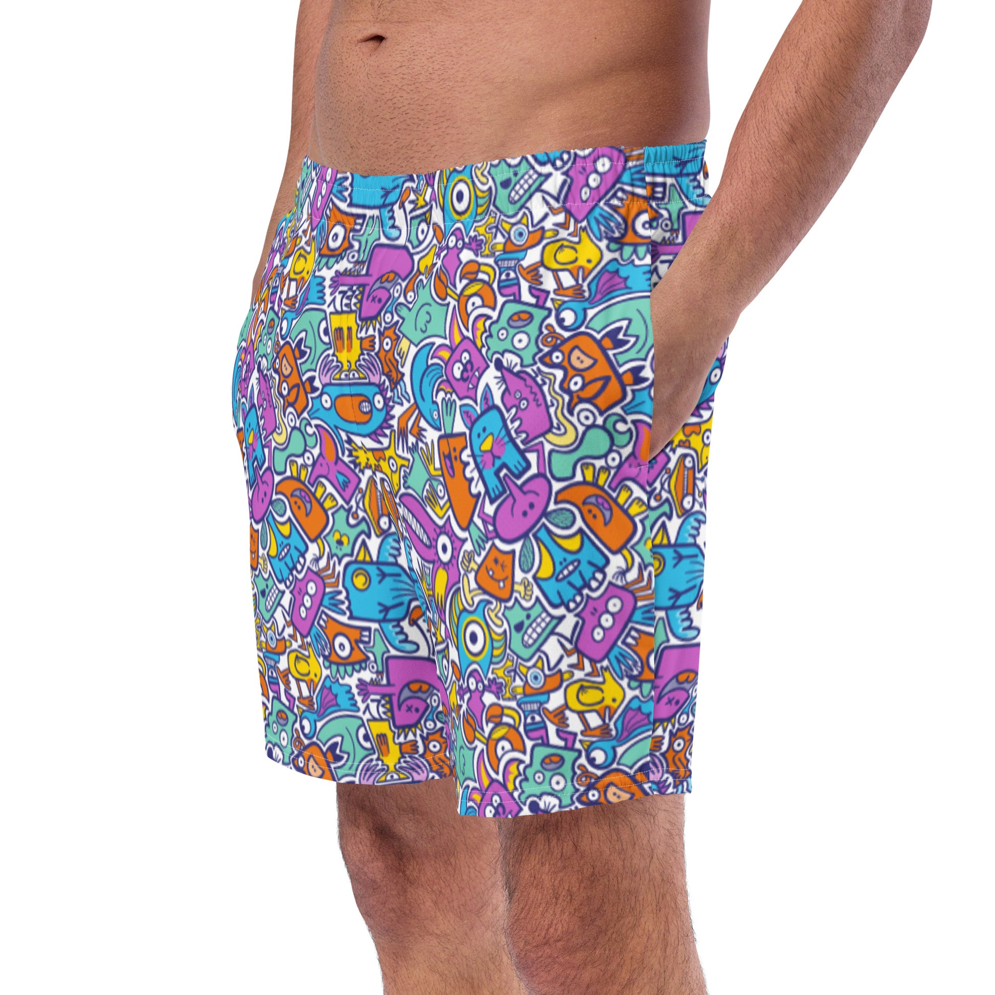Funny multicolor doodle world Men's swim trunks. Left front view