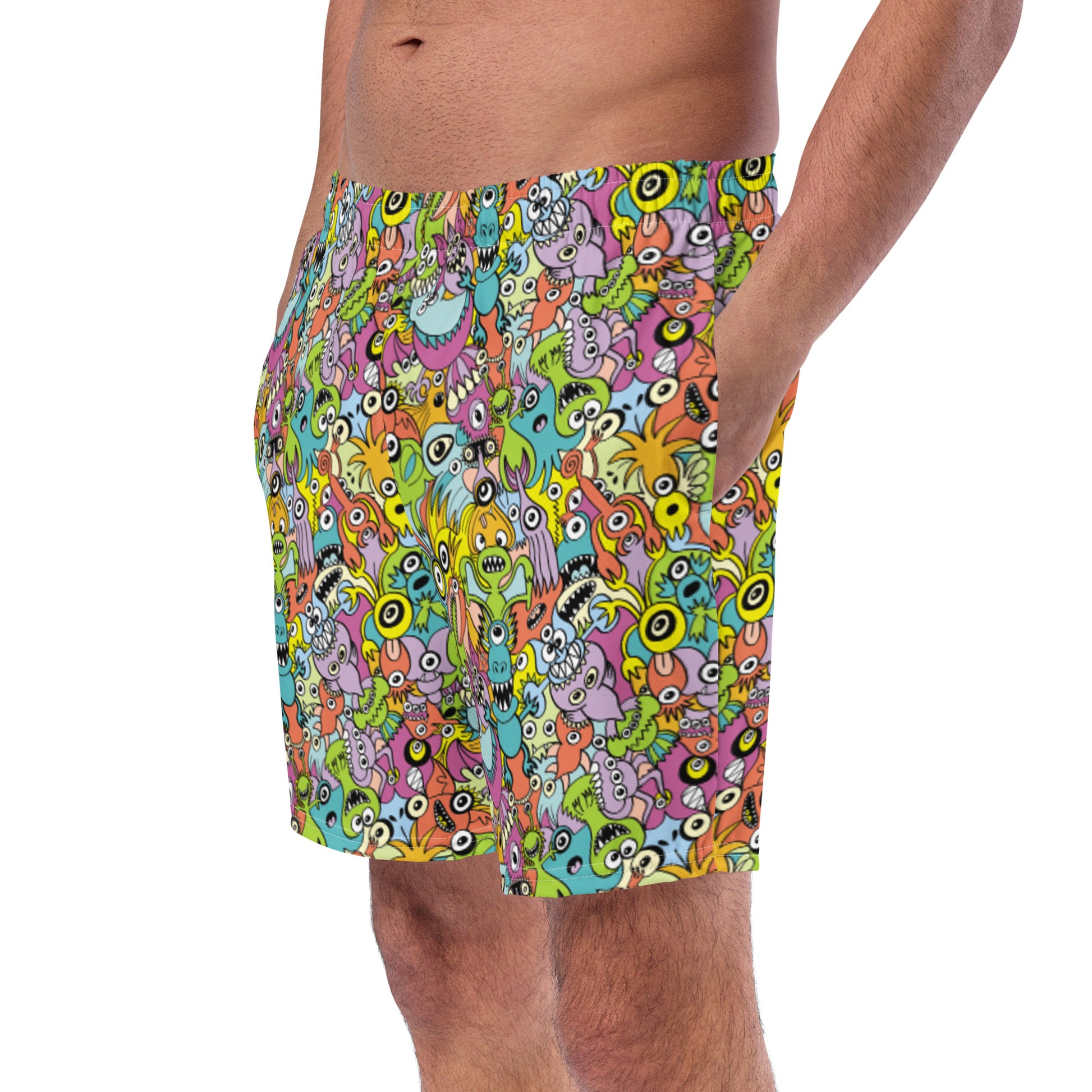 Funny monsters fighting for the best spot for a pattern design Men's swim trunks. Left front view